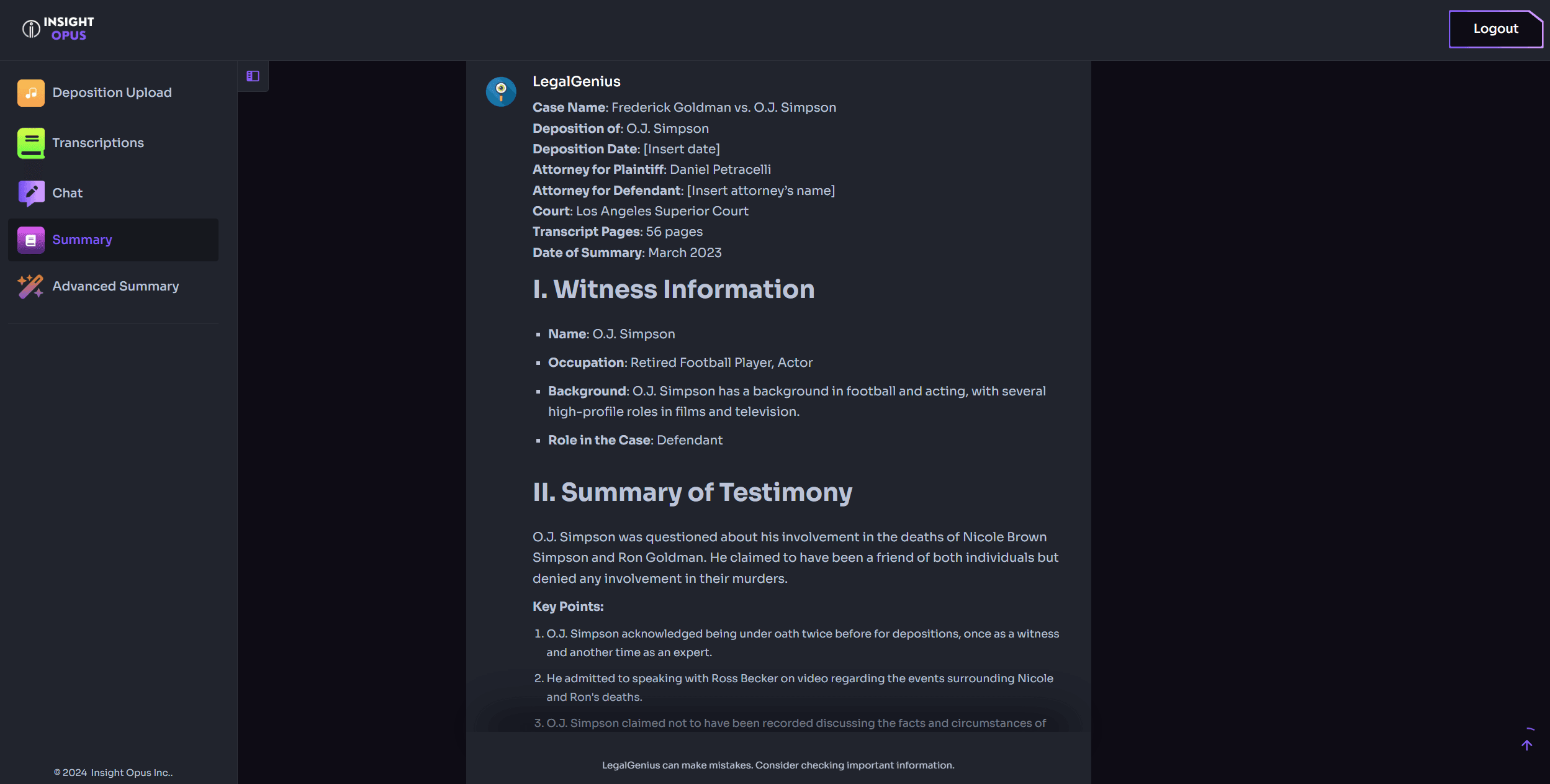 Legal Deposition Summary